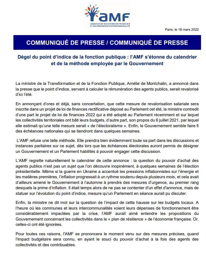 Dégel du point d’indice de la fonction publique : l’AMF s’étonne du calendrier et de la méthode employée par le Gouvernement
