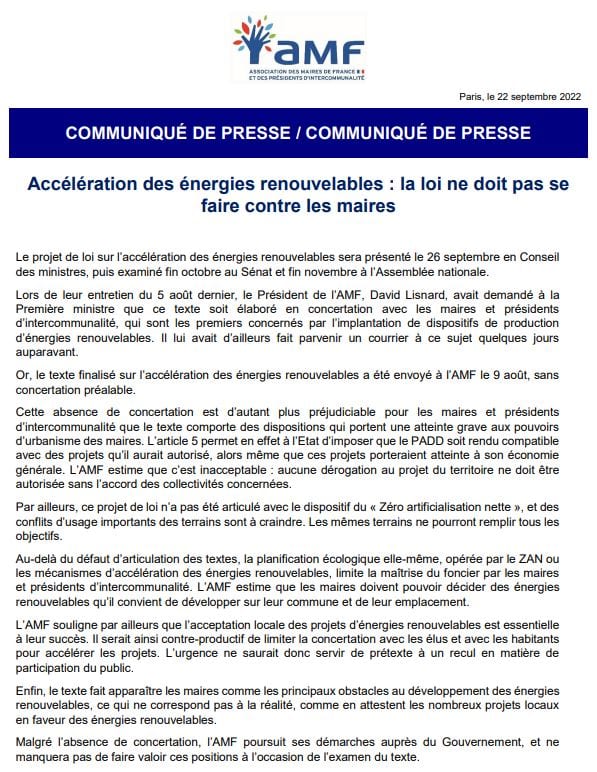Accélération des énergies renouvelables : la loi ne doit pas se faire contre les maires