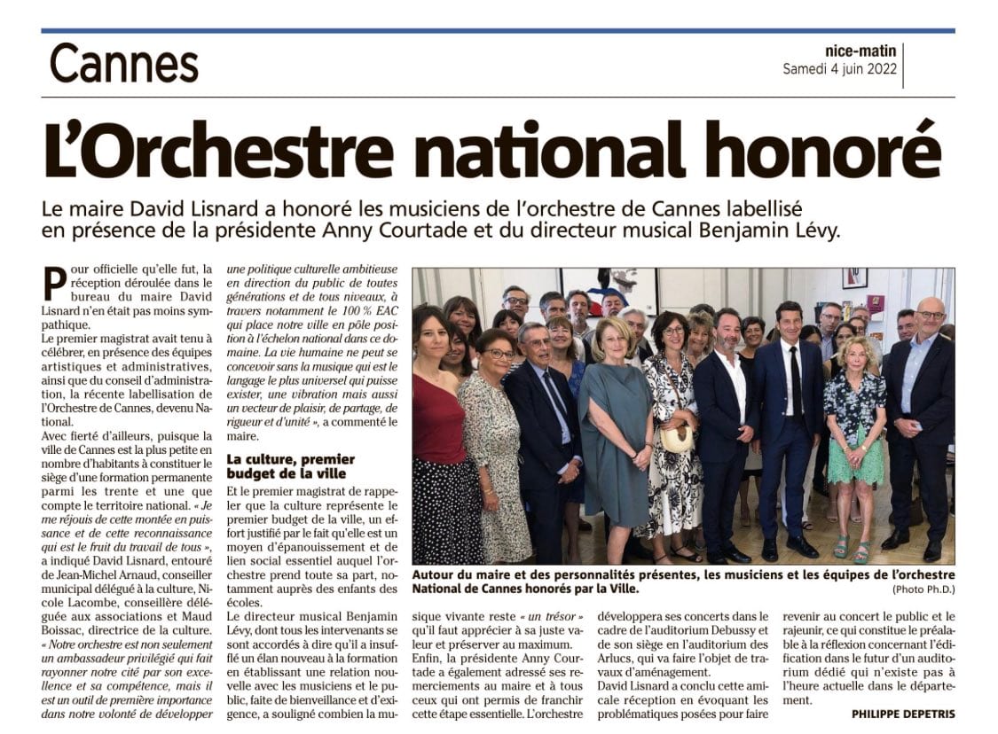 L'Orchestre National de Cannes honoré par le Maire de Cannes