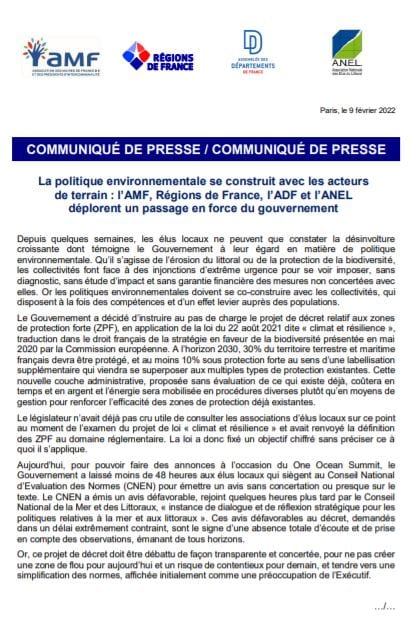 La politique environnementale se construit avec les acteurs de terrains : L'AMF déplore un passage en force du gouvernement